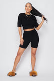 KNITTED HALF SLEEVE CROPPED TOP AND BIKER SHORTS
