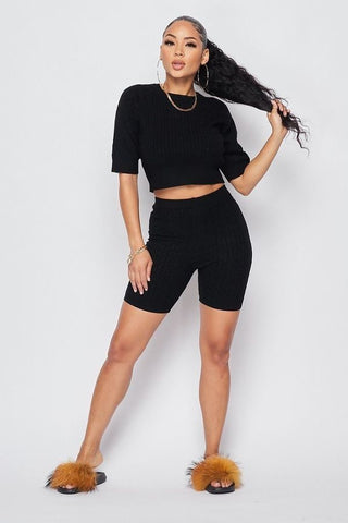 KNITTED HALF SLEEVE CROPPED TOP AND BIKER SHORTS